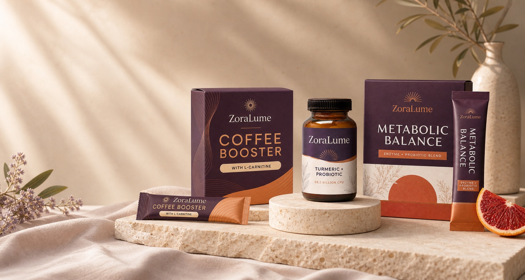 ZoraLume Coffee Booster, Turmeric + Probiotic and Metabolic Balance products